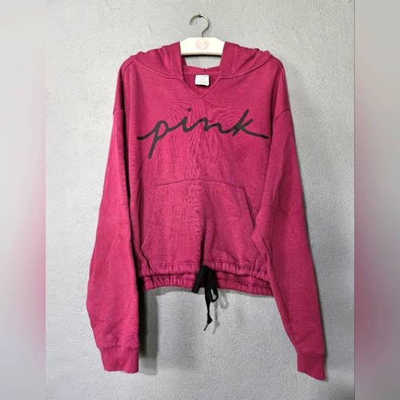 Victoria's Secret PINK Dark Maroon w/ Black Writing Cropped Hoodie. - Picture 2 of 6